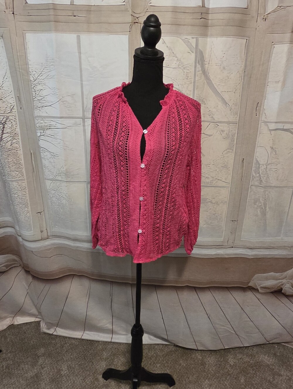 Pink Openwork Button-Front Womens Top